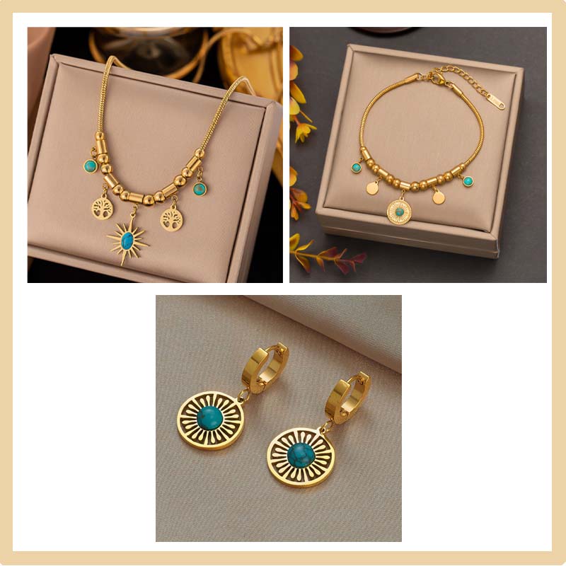 Vintage Turquoise Pendant Necklace & Bracelet & Earrings