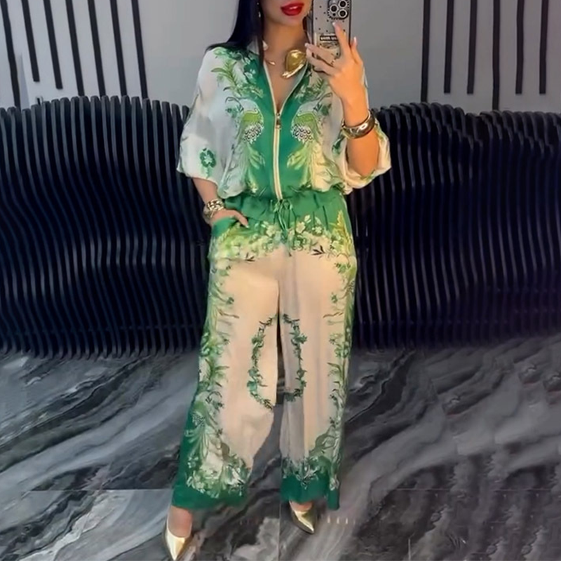 Printed Zipper Top & Wide-Leg Pants 2-Piece Set