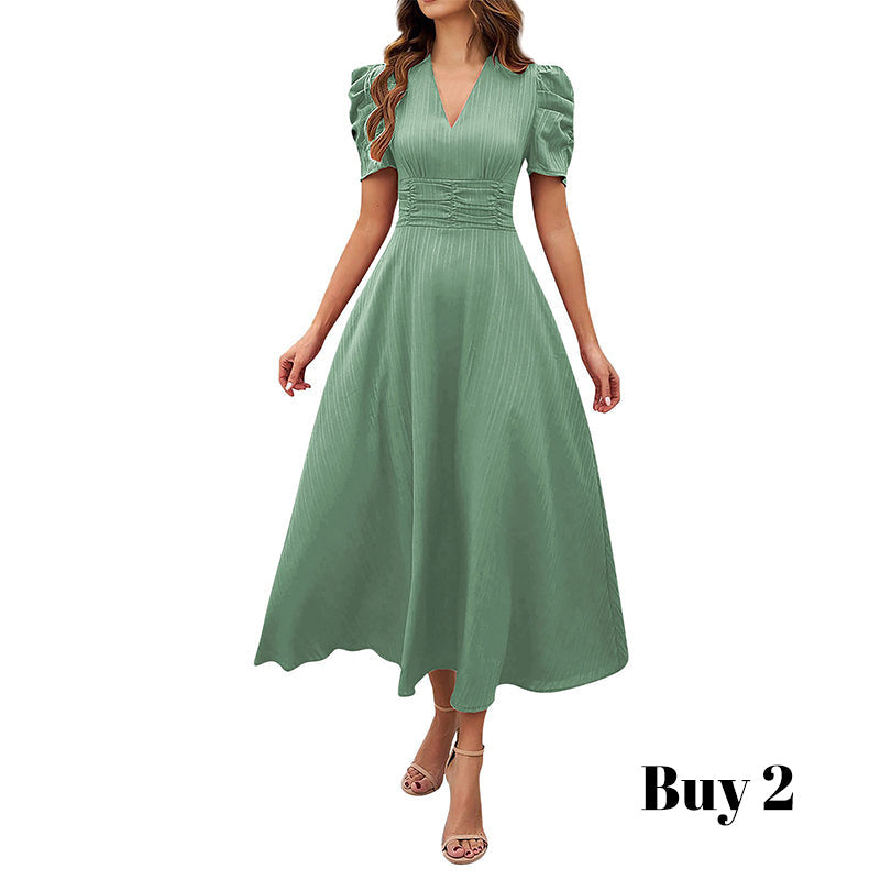 Elegant V-Neck High Waist Dress with Puff Sleeve