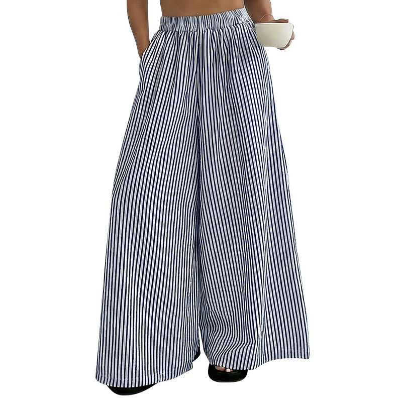 Women's Striped Wide-Leg Pants with Elastic Waist