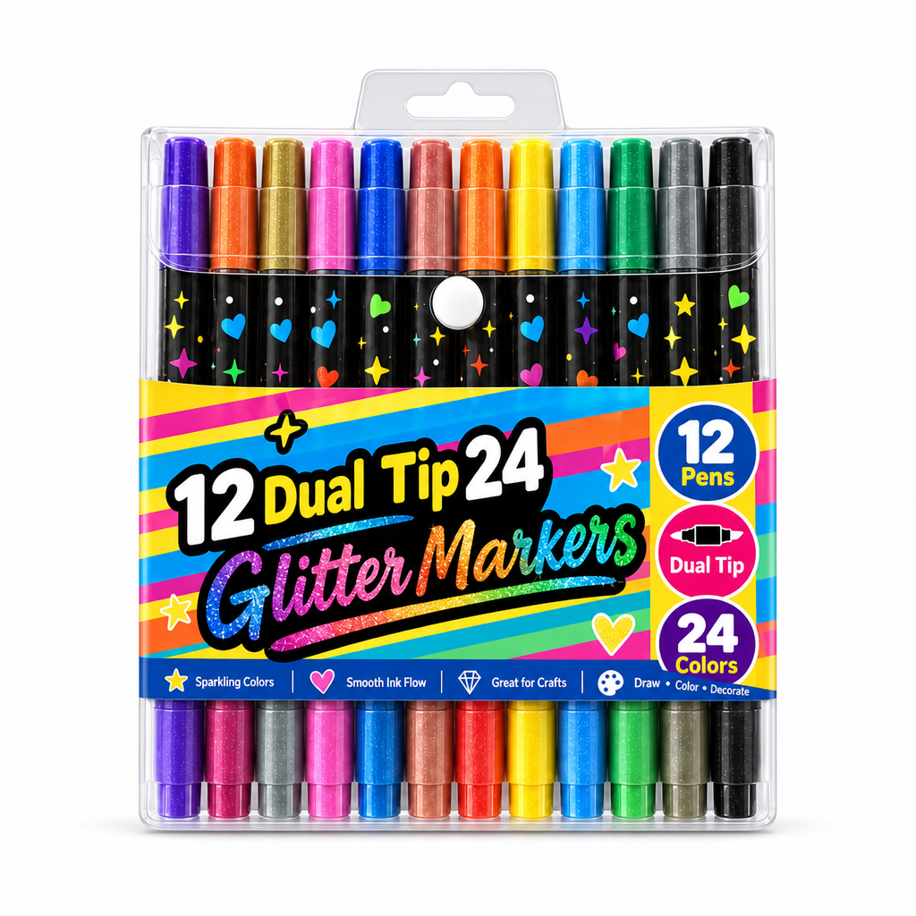12 Pack Dual Tip Glitter Markers and Highlighters Set 24 Colors Double Ended Soft Brush Tip Pens for Student Art Drawing