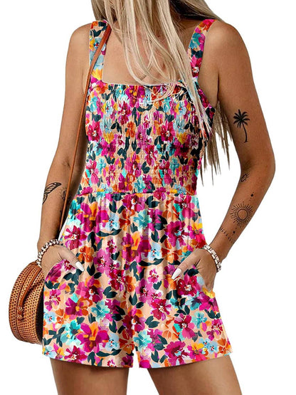 💃Women's Summer Square Neck Sleeveless Loose Casual Short Smocked Romper✨