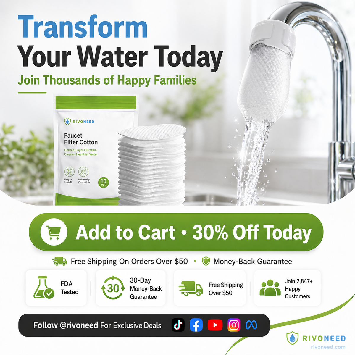 ⏰⚡50K+ SOLD!💥Anti-Splash Kitchen Faucet Cotton Filter for Sediment & Rust Removal