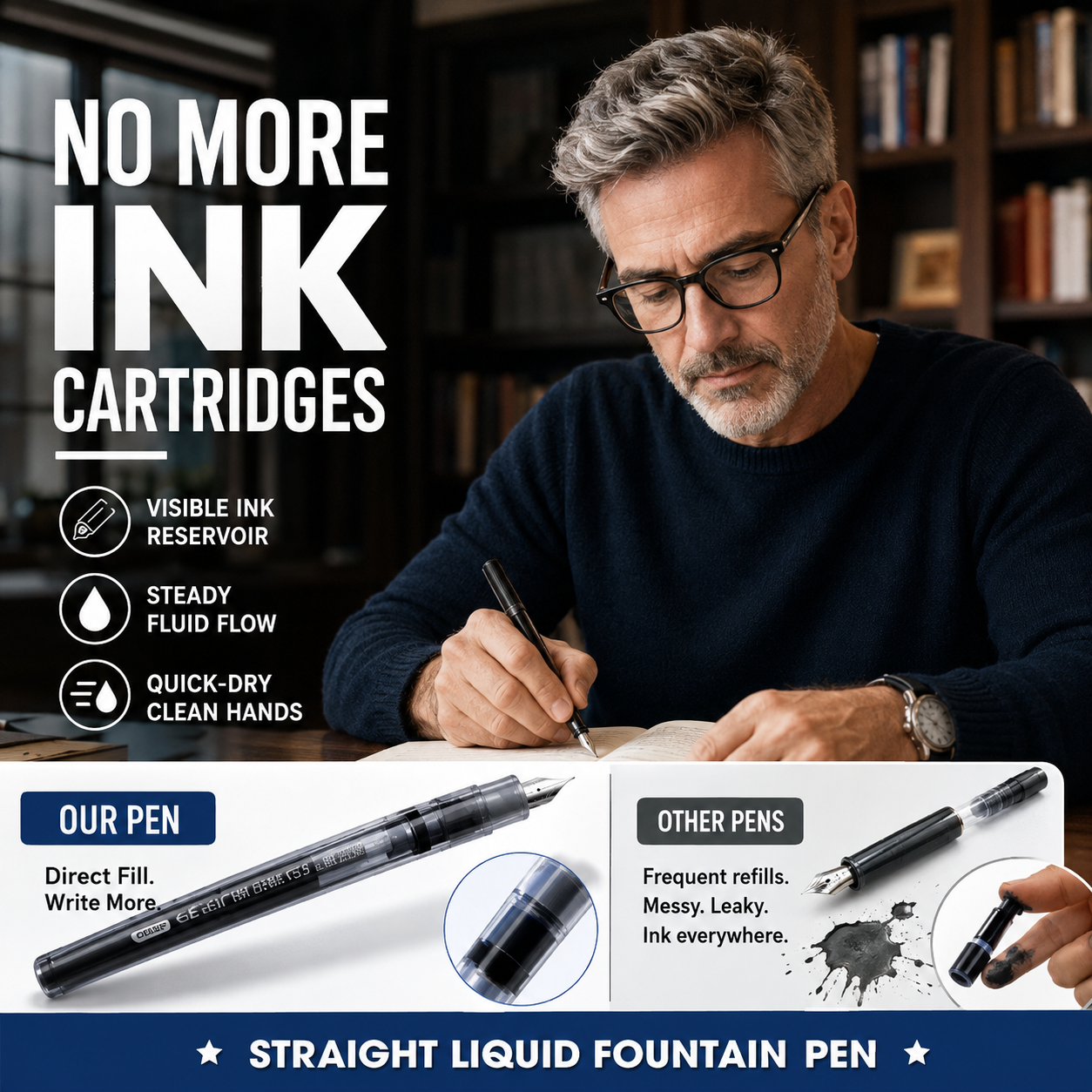 ✍️ High-capacity direct-fill fountain pen – no cartridge changes required