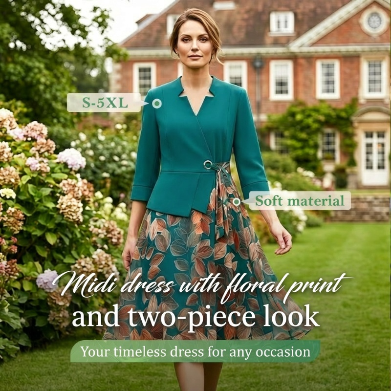 Elegant Faux Two-Piece Leaf Print Dress