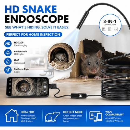 🔍 3-in-1 HD Endoscope Camera | 720P Inspection
