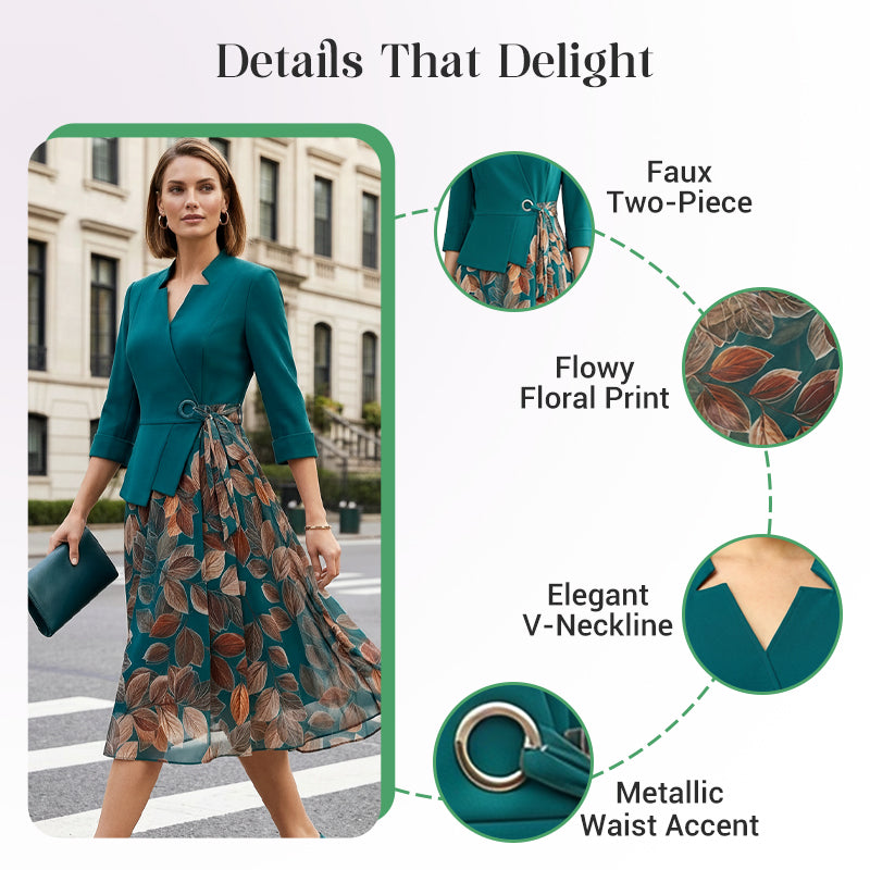 Elegant Faux Two-Piece Leaf Print Dress