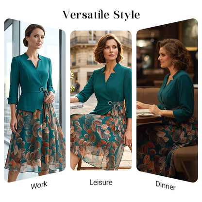 Elegant Faux Two-Piece Leaf Print Dress