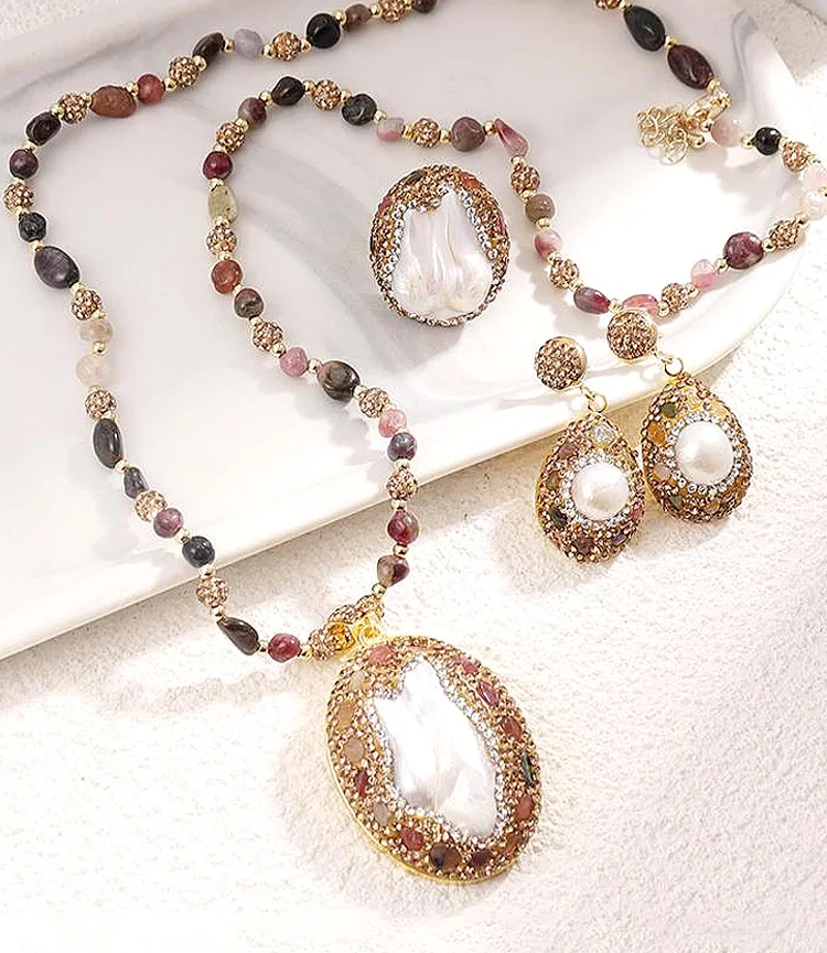 Retro Elegant Embedded Artificial Pearl Accessories - Long Necklace, Earring & Ring✨