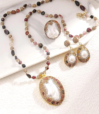 Retro Elegant Embedded Artificial Pearl Accessories - Long Necklace, Earring & Ring✨