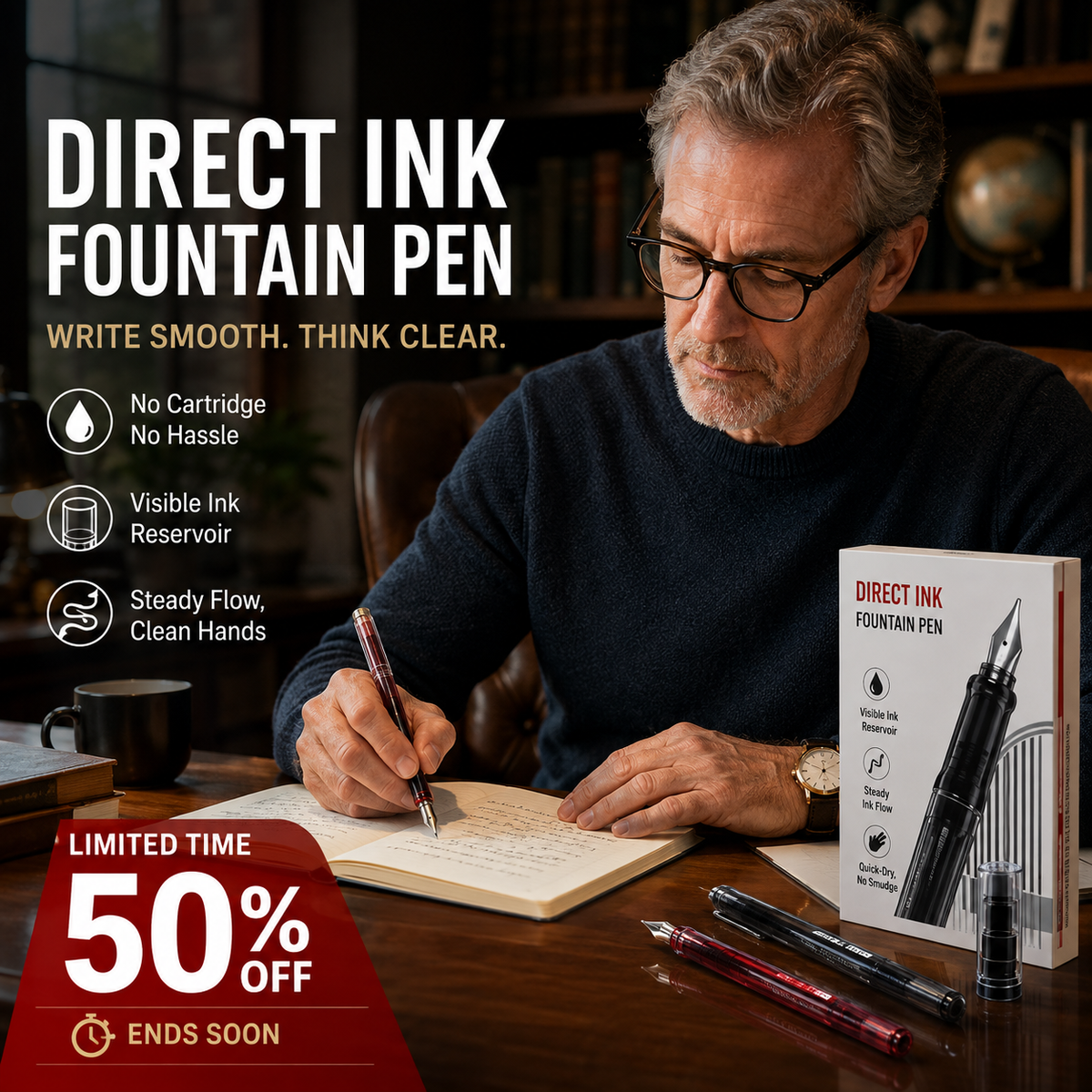 ✍️ High-capacity direct-fill fountain pen – no cartridge changes required