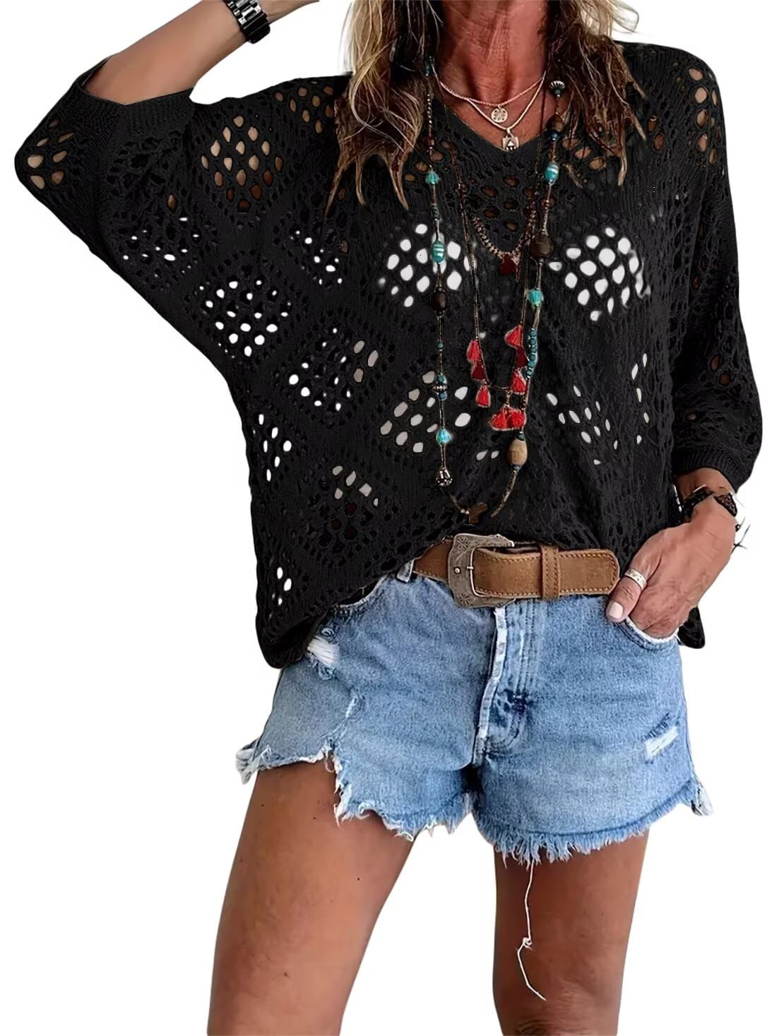✨Womens Bohemian-Inspired Beige Crochet Top with V-Neck