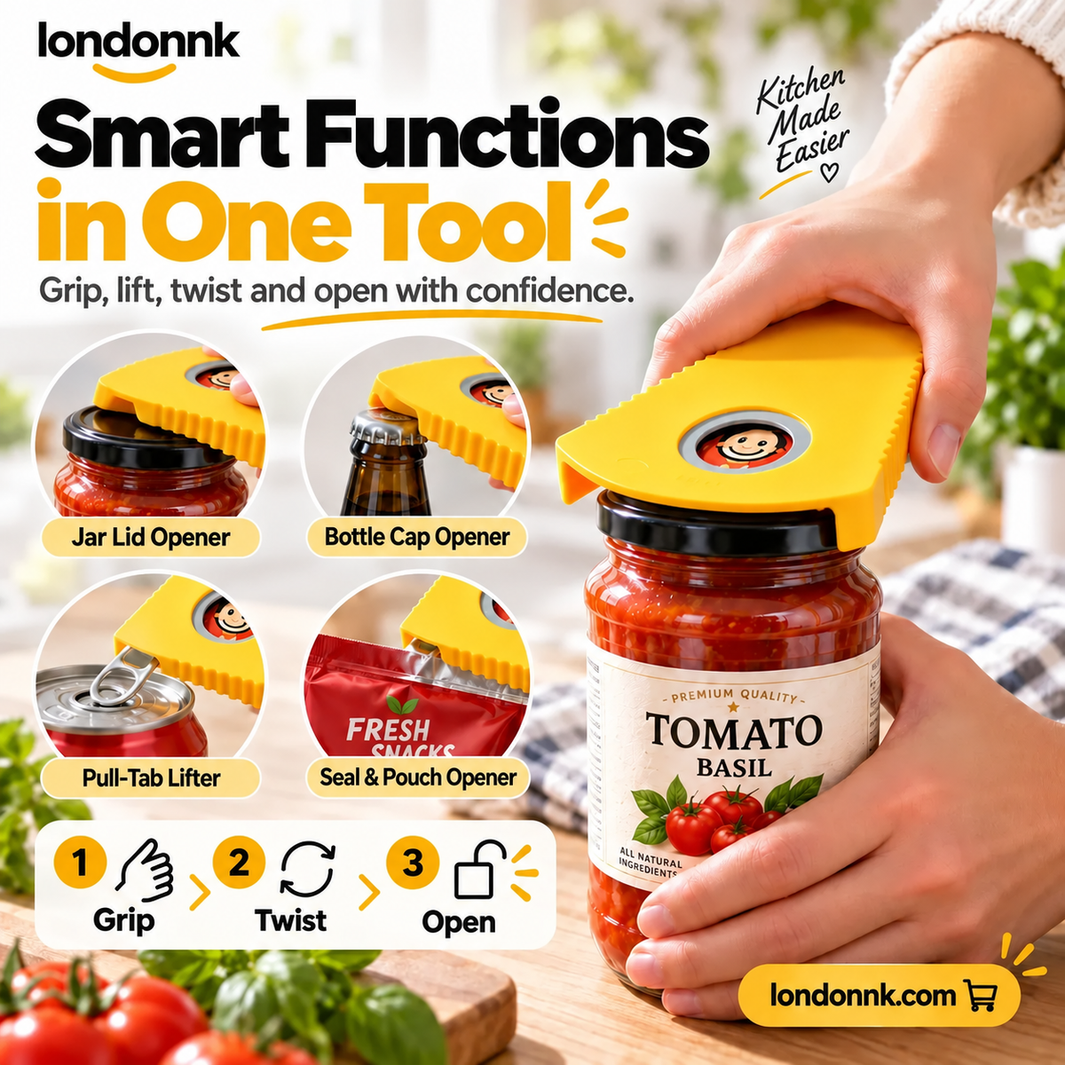 🥳HOT SALE🥳💞50K+ SOLD! Multi-Opener! Opens 6 lid types, non-slip & easy grip. Effortless opening – grab yours! ✅