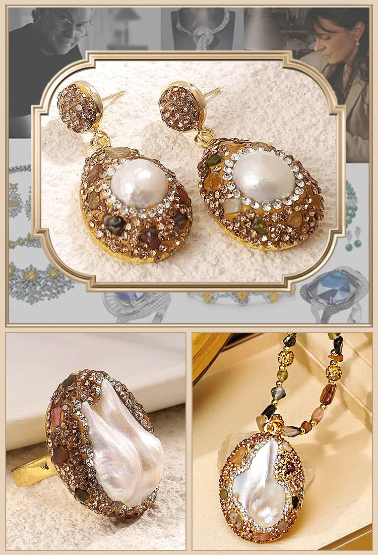 Retro Elegant Embedded Artificial Pearl Accessories - Long Necklace, Earring & Ring✨