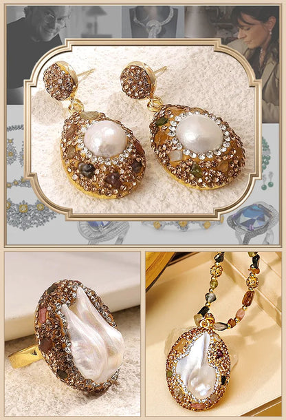 Retro Elegant Embedded Artificial Pearl Accessories - Long Necklace, Earring & Ring✨