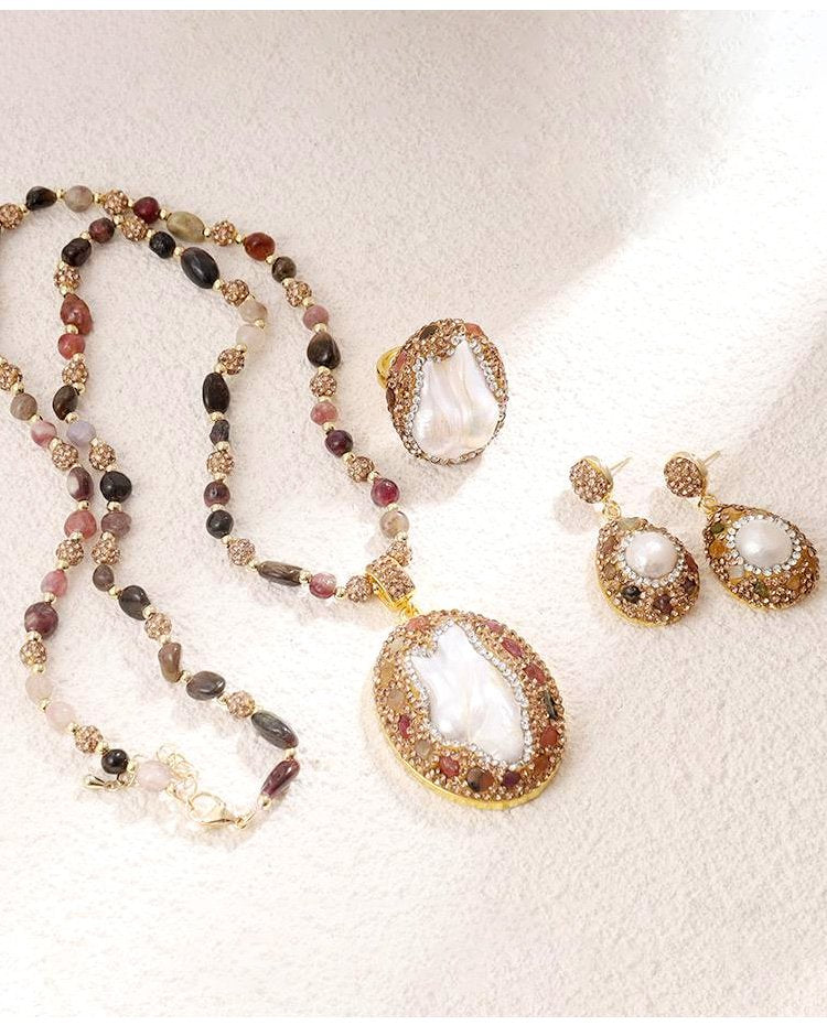 Retro Elegant Embedded Artificial Pearl Accessories - Long Necklace, Earring & Ring✨