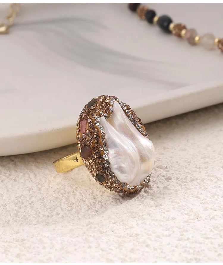 Retro Elegant Embedded Artificial Pearl Accessories - Long Necklace, Earring & Ring✨