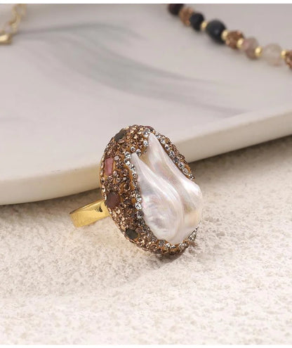 Retro Elegant Embedded Artificial Pearl Accessories - Long Necklace, Earring & Ring✨