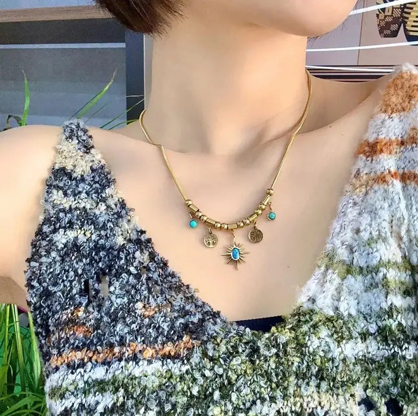 Vintage Turquoise Pendant Necklace & Bracelet & Earrings