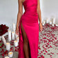 Satin one-shoulder draped slit maxi dress