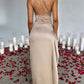Satin one-shoulder draped slit maxi dress