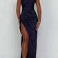 Satin one-shoulder draped slit maxi dress
