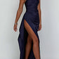 Satin one-shoulder draped slit maxi dress