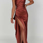 Satin one-shoulder draped slit maxi dress