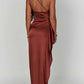 Satin one-shoulder draped slit maxi dress