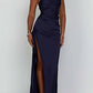 Satin one-shoulder draped slit maxi dress