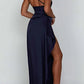 Satin one-shoulder draped slit maxi dress