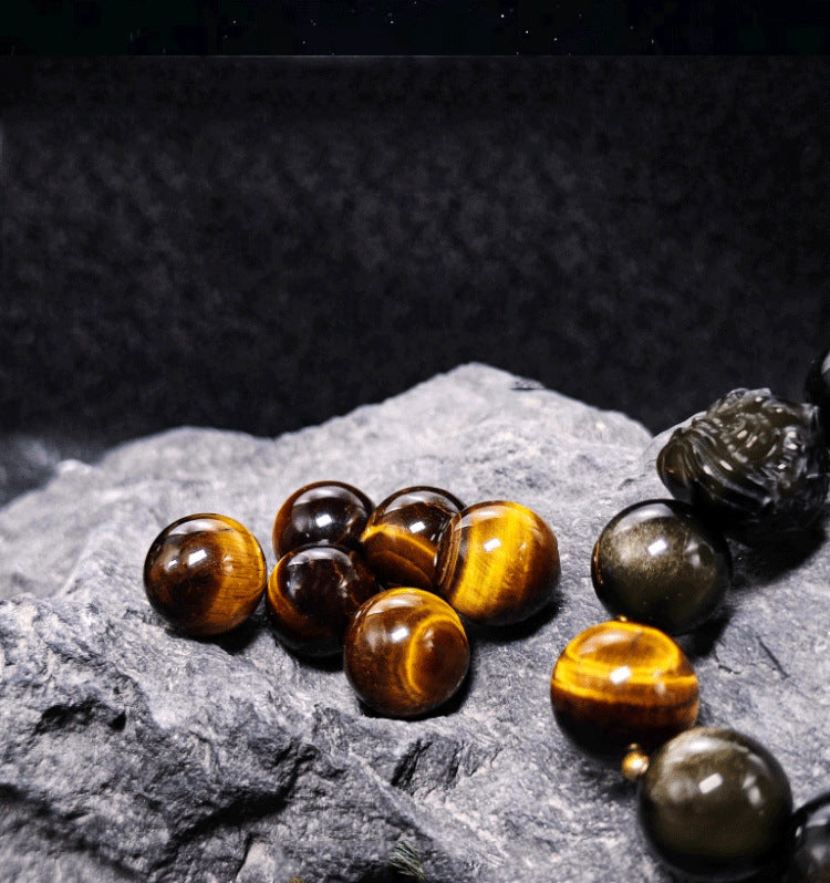 Waking Lion - Gold/Silver Obsidian Carved Beaded Bracelet for Good Fortune