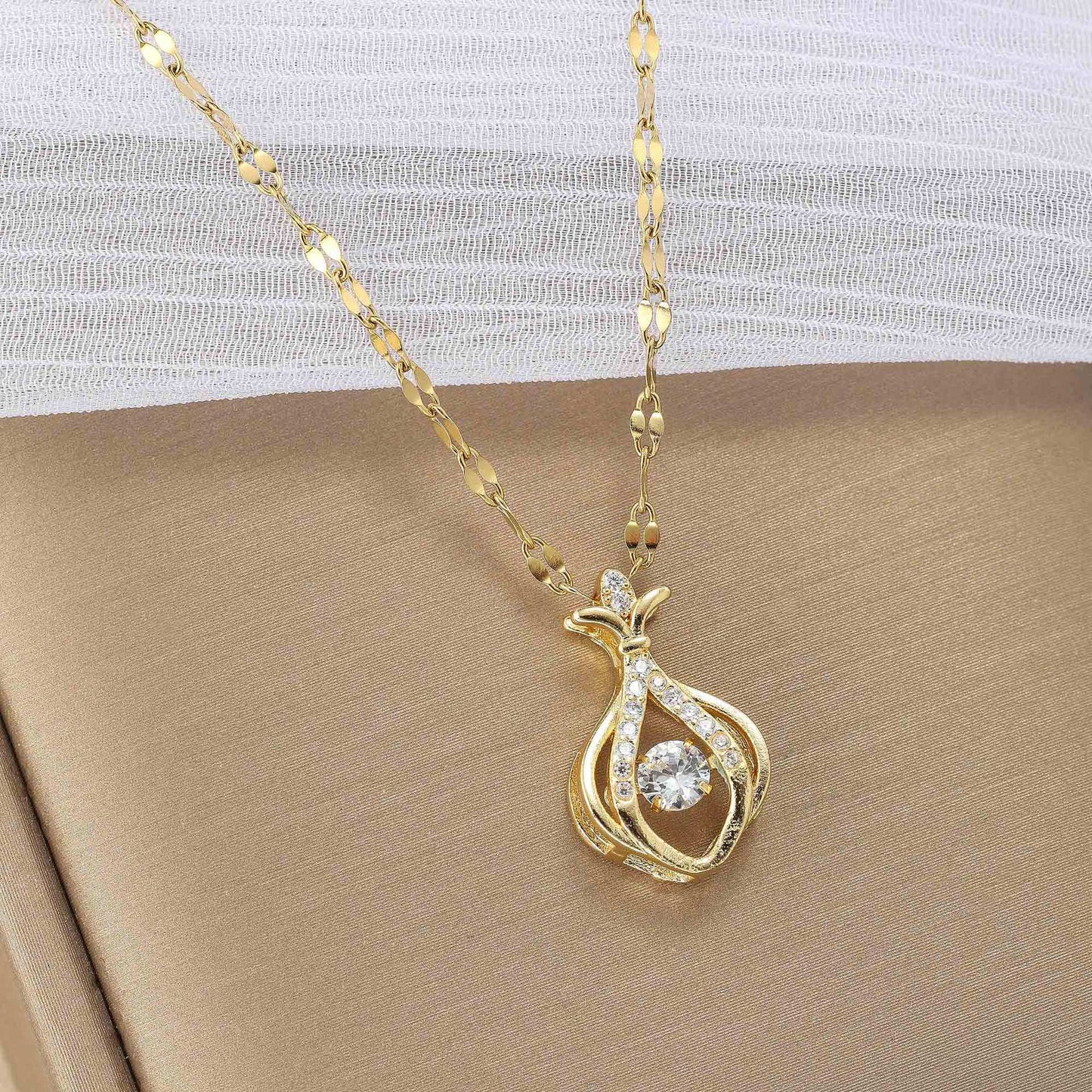 Rhinestone Pendant with Gold-Tone Copper & Titanium Steel Chain