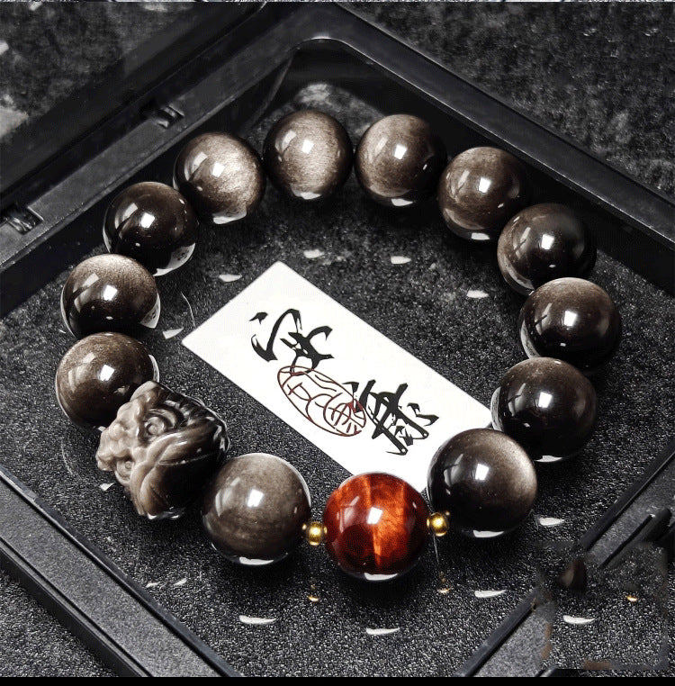 Waking Lion - Gold/Silver Obsidian Carved Beaded Bracelet for Good Fortune