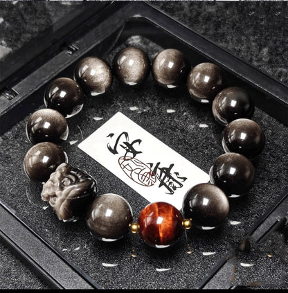 Waking Lion - Gold/Silver Obsidian Carved Beaded Bracelet for Good Fortune