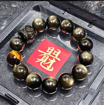 Waking Lion - Gold/Silver Obsidian Carved Beaded Bracelet for Good Fortune