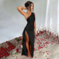 Satin one-shoulder draped slit maxi dress