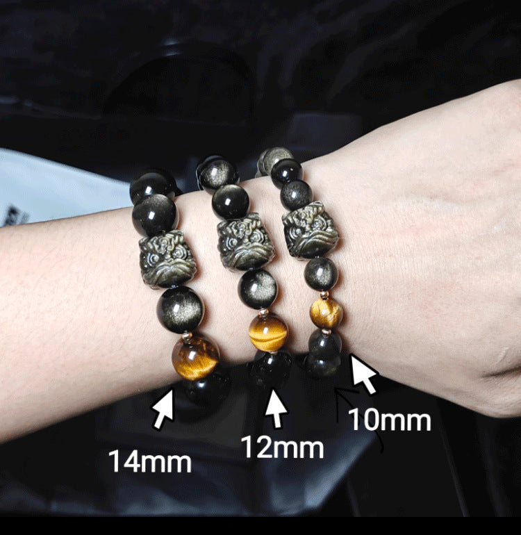 Waking Lion - Gold/Silver Obsidian Carved Beaded Bracelet for Good Fortune