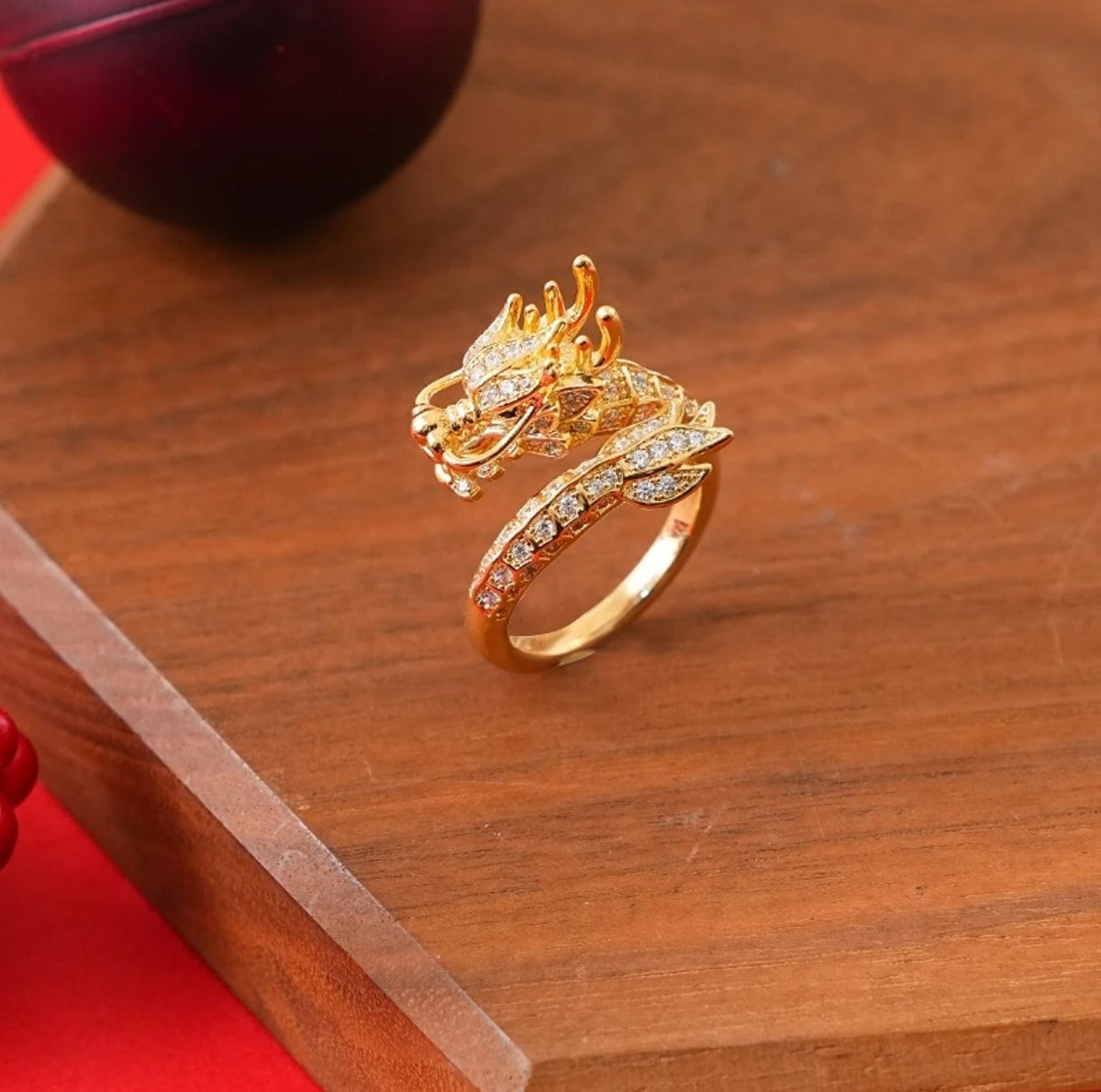 Delicate Dragon Open Adjustable Zirconia Good Luck Ring