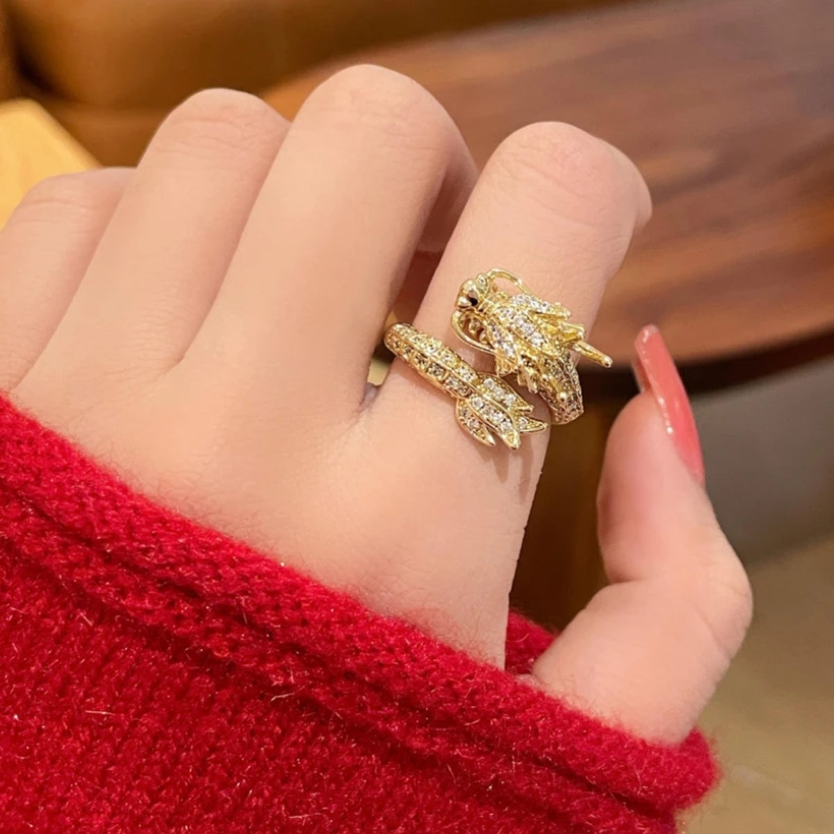 Delicate Dragon Open Adjustable Zirconia Good Luck Ring