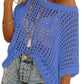 💥Womens Summer Scoop Neck ShortSleeve Sweater Casual Crochet Hollow Out Knit Top