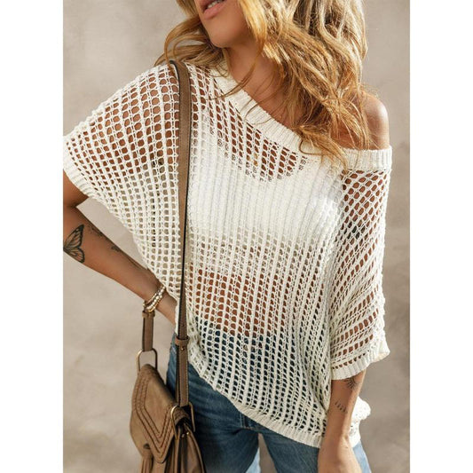 💥Womens Summer Scoop Neck ShortSleeve Sweater Casual Crochet Hollow Out Knit Top