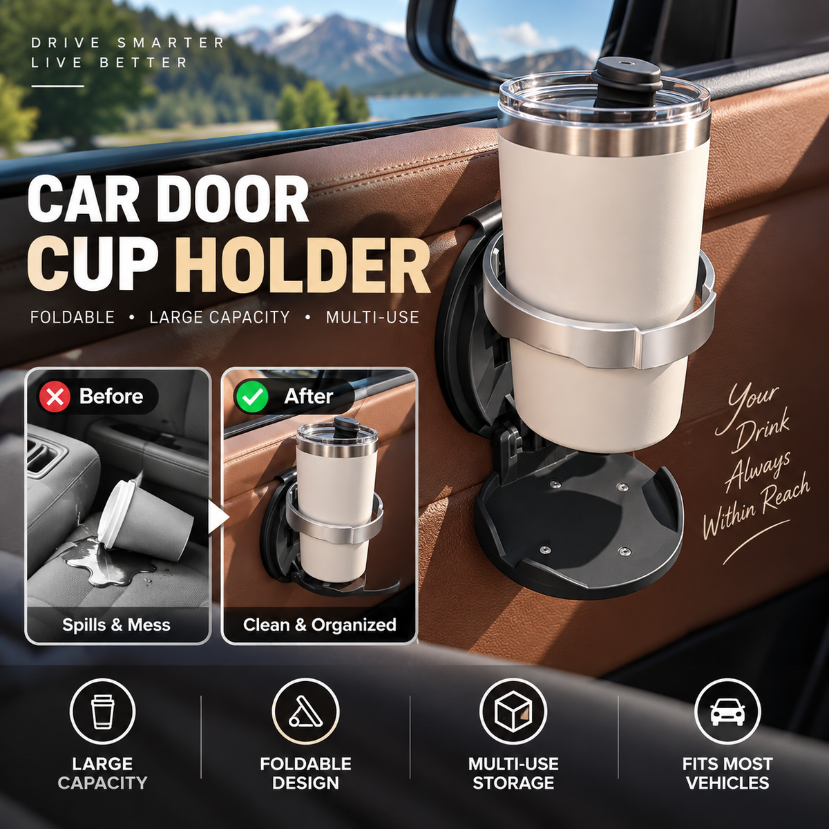 🚗 Last Day Special Price $19.99! 🥤Multifunctional Foldable Car Door Cup Holder Large Diameter Drink and Water Bottle Storage Rack