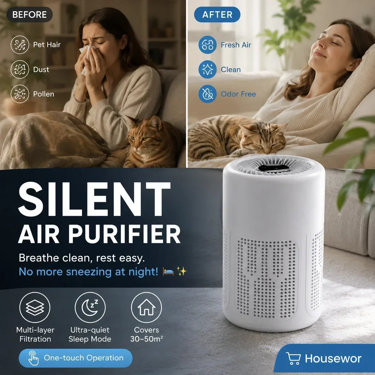Quiet Energy Efficient Compact Air Purifier For Pet Hair Dust And Allergies