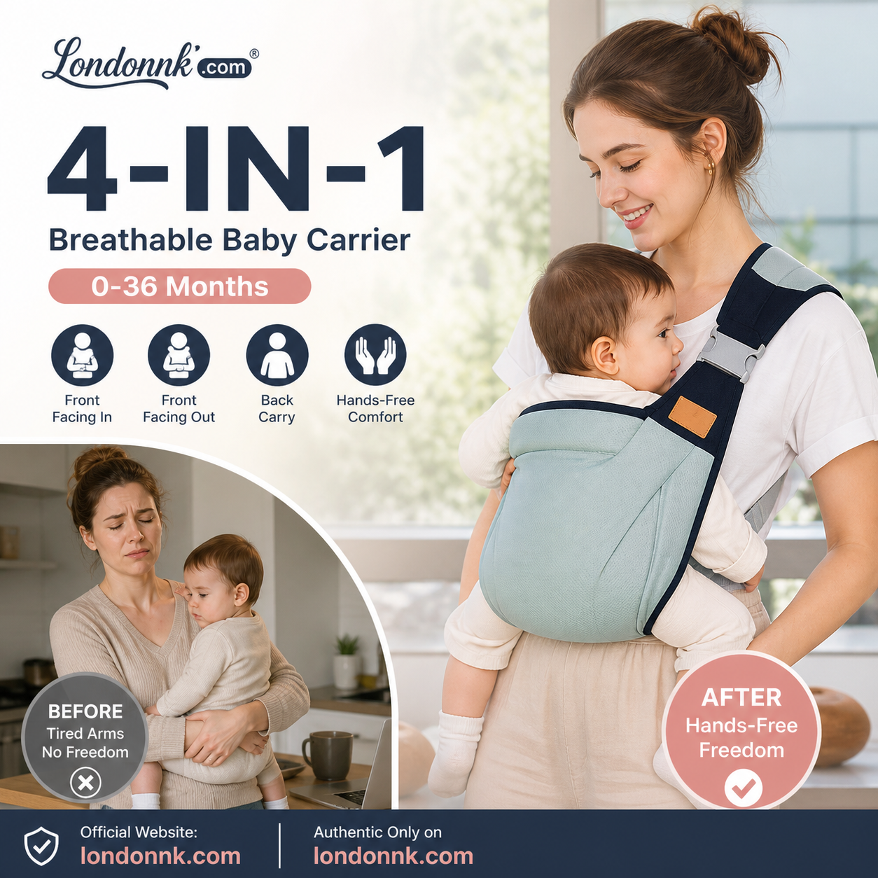 ⏳Time-Limited Special⏰4-in-1 Breathable Baby Carrier – 0-36 Months, Front/Back/Facing In/Out – Hands-Free Comfort for Parent & Baby! ✨