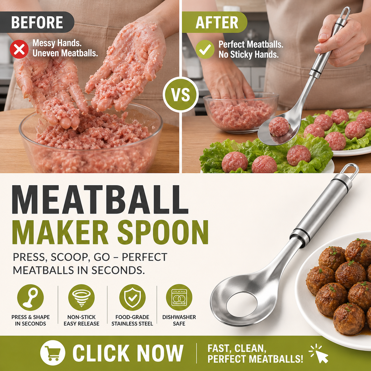🥳2026 HOT SALE🥳💞50K+ SOLD! 🥩🍴 50% OFF! Meatball Spoon – Non‑stick, scoop & drain in one. No more messy hands – perfect meatballs in seconds! – a must‑have kitchen gadget! 🎁✨