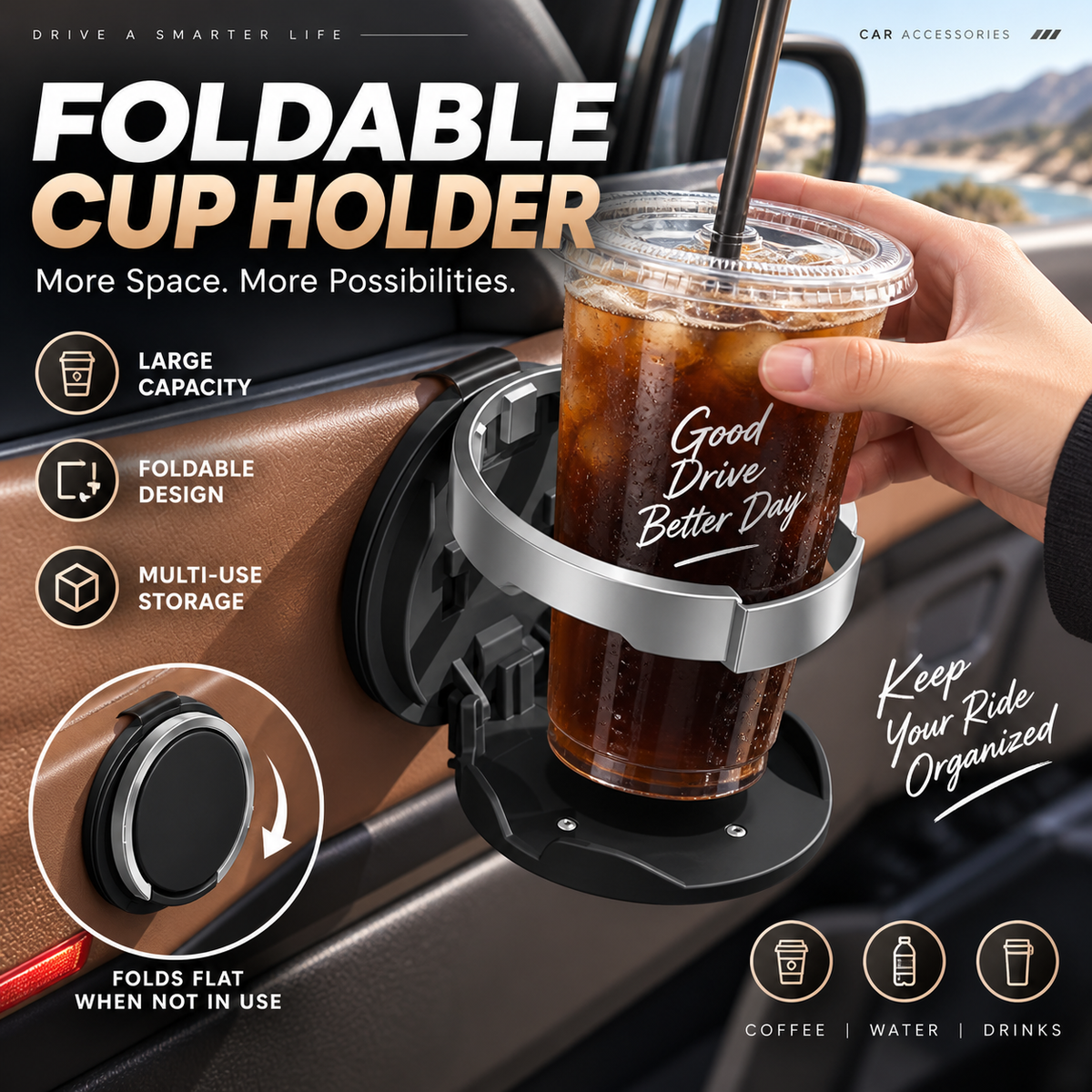 🚗 Last Day Special Price $19.99! 🥤Multifunctional Foldable Car Door Cup Holder Large Diameter Drink and Water Bottle Storage Rack