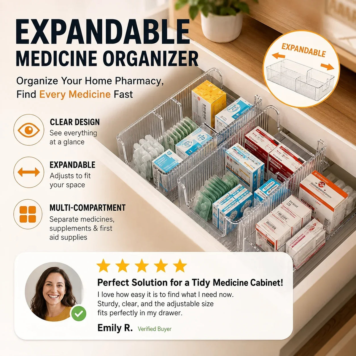 🔥 Transparent Expandable Medicine Organizer — expandable, perfect for a tidy medicine cabinet 💊🗄️