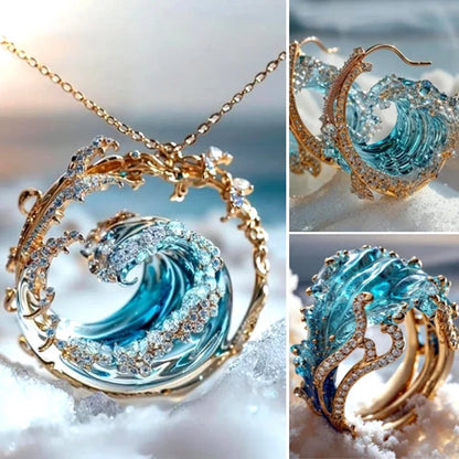Dancer at the tip of the wave--Elegant Blue Necklace Ring Earrings Set
