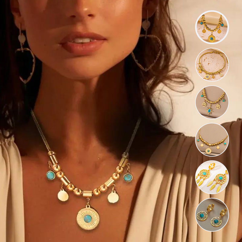 Vintage Turquoise Pendant Necklace & Bracelet & Earrings